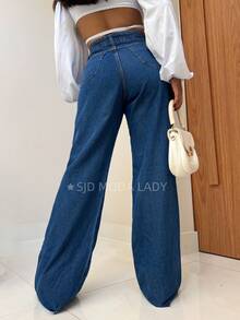 SJD MODA LADY Mom Jeans Wide Leg Simple Casual Pants Without Lycra Hem Cut Ripped - 深色水洗藍 - 查看 4