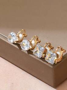 2/6pcs Minimalist Personalized Geometric Rhinestone Hollow Alloy Clip Earrings, No Pierce For Non-Pierced Ears - Multicolor - View 4