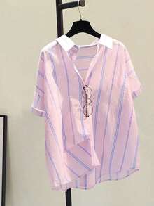 Women's Striped Casual Commuting Elegant Vacation Button Shirt, Short Sleeve Blouse, Spring And Summer