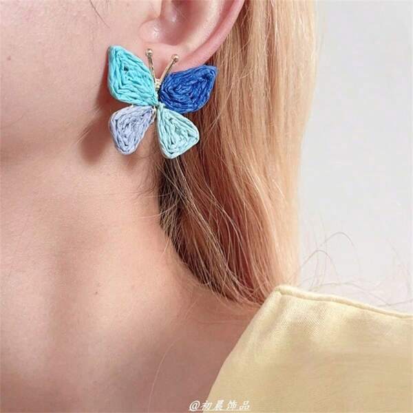 Colorful Woven Raffia Earrings, Summer Personalized Cute Butterfly Dangle Earrings, Bohemian Unique Elegant Earrings