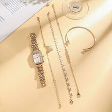 5pcs/Set Elegant Minimalist Mixed Bar Marker Square Dial Steel Band Quartz Watch + Butterfly Rhinestone Bracelet, Suitable For Birthday Gift, Halloween Gift, Daily Wear - Gold - View 9