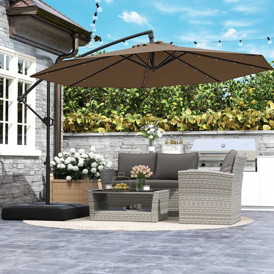 Lifezeal 10 FT Solar Offset Hanging Umbrella Patio Cantilever Umbrella With 32 LED Lights - Brown - View 1