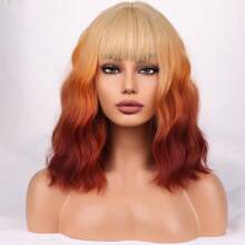 Women Short Curly Wavy Pink Wig For Short Bob Wig With Bangs Heat Resistant Synthetic Wigs For Cosplay Costume Party(Rose Red Wig) - Blonde Ombre Orange - View 1