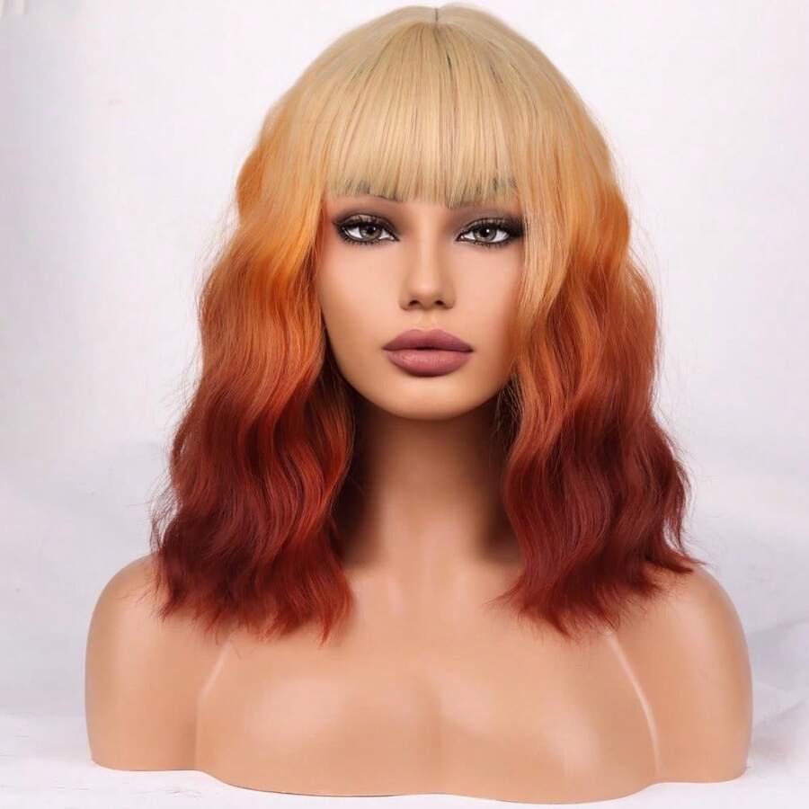 Women Short Curly Wavy Pink Wig For Short Bob Wig With Bangs Heat Resistant Synthetic Wigs For Cosplay Costume Party(Rose Red Wig) - Blonde Ombre Orange - View 1
