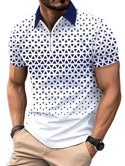 Men Summer Casual Short Sleeve Zip Front Shirt, Blue Geometric Lattice Print, Suitable For Golf, Tennis, Office Sports Style