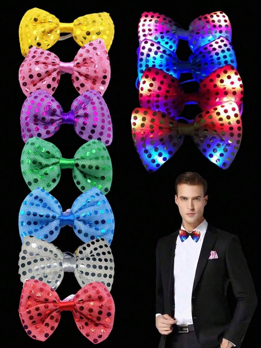 4 件/2 件/1 件亮片发光蝴蝶结装饰，LED 发光男士蝴蝶结适合夜间狂欢派对酒吧歌舞表演氛围舞蹈装扮，适用于婚礼、圣诞节、狂欢节、街头霓虹灯派对 COS 派对装饰、发光舞会派对活动物品、黑暗派对发饰用品荧光棒狂欢配饰。圣诞发光蝴蝶结作为送给男朋友和丈夫的礼物（多种灯光模式） - 彩色 - 查看 1