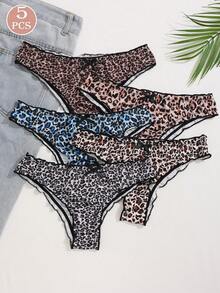 5条装女式多色荷叶边弹力豹纹蝴蝶结装饰内裤