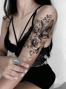 4 fogli di tatuaggi temporanei neri con disegni di uccelli, delfini, leoni e fiori, ideali per decorazione del corpo, trucco pazzo, campeggio, palestra, uso quotidiano su braccia, gambe, schiena, petto per uomini e donne