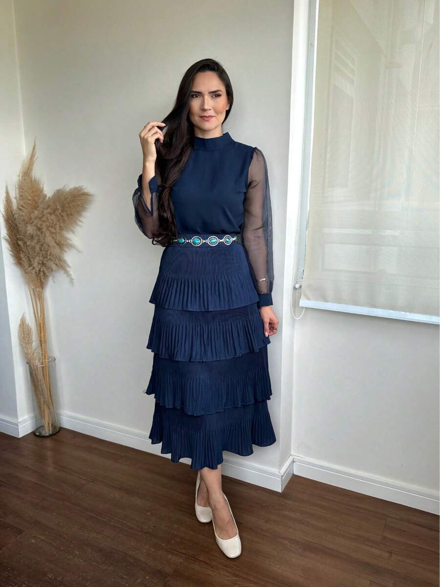 Pleated Skirt With 4 Ruffles, 4 Marias, 4 Layers - Azul Marino - Ver 1