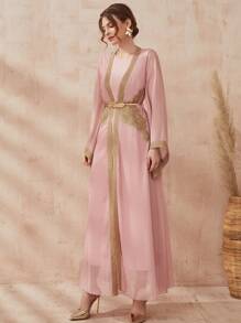 Middle Eastern Abaya Robe Muslim Women's Dress Spring And Summer Abaya Two Pieces Set With Belt Arab Cardigan Robe