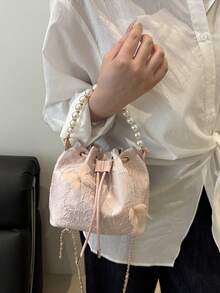 1 pieza Bolso de cubo con cordón de tela estampada, con correa de cadena, bolso de hombro con decoración de perlas bordadas, diseño lindo de mariposa, bolso de fiesta de noche para dama, bolso de moda adecuado para fiestas, vestidos de noche y uso diario de las mujeres - Rosa - Ver 6