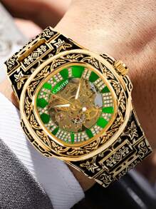 1 pièce Montre-bracelet mécanique avec cadran squelette en acier inoxydable pour homme, design lumineux vert, mode et