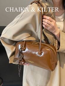 1pc CHAIKA & KILTER Glossy PU Leather Crossbody Bag, Women Fashion Large Capacity Bowling Bag With Dual Handles, Zipper Closure, Suitable For Daily And Outing Use (Sold With Pendant) - Brown - View 5