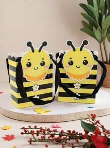 5pcs Creative Cartoon Bee Style Gift Bag With Handle, Yellow And Black Striped Design, Party Packaging Bag, Cartoon Bee Design, Durable Storage Paper Bag, Bee Party Decoration Suitable For Party Gifts, Birthdays, Weddings, Etc