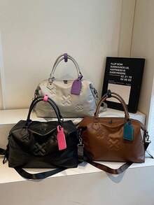 1 Pc Fashionable And Cool Multifunctional Large Capacity Solid Color PU Leather Embossed Soft And Thick Padded Travel Bag With Contrasting Color Boarding Pass Pendant Design Suitable For Both Men And Women For Leisure Vacation&Business Trip And Returning To School