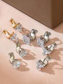 2/6pcs Minimalist Personalized Geometric Rhinestone Hollow Alloy Clip Earrings, No Pierce For Non-Pierced Ears - Multicolor - View 3