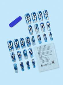 24 Piece Long C-Curve Nail Fake Nail Blue Fashionable Gradient Flash Geometric Stripe Heart-Shaped Pattern Design Nail Kit Long Press Nail Suitable For Holiday Wear, Parties, Friends, Dates, Daily Wear