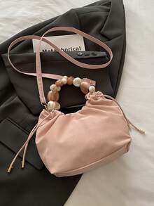 新款时尚纯色串珠褶饰云朵水桶包，别致简约高端手提包，适合工作、购物、约会，用途广泛