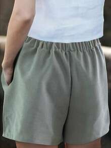 Pantalones cortos casuales de cintura alta sin estiramiento para mujer LuminousWealth, de unicolor, corte holgado, adecuados para primavera/verano/otoño - Gris Claro - Ver 5