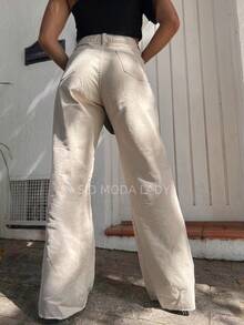 SJD MODA LADY Mom Jeans Wide Leg Simple Casual Pants Without Lycra Hem Cut Ripped - 米色 - 查看 4