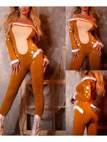 Women Christmas Reindeer Costume Fuzzy Trim Off Shoulder Long Sleeve Bodycon Jumpsuits Cosplay Costume Party Outfits - Light Brown - View 5