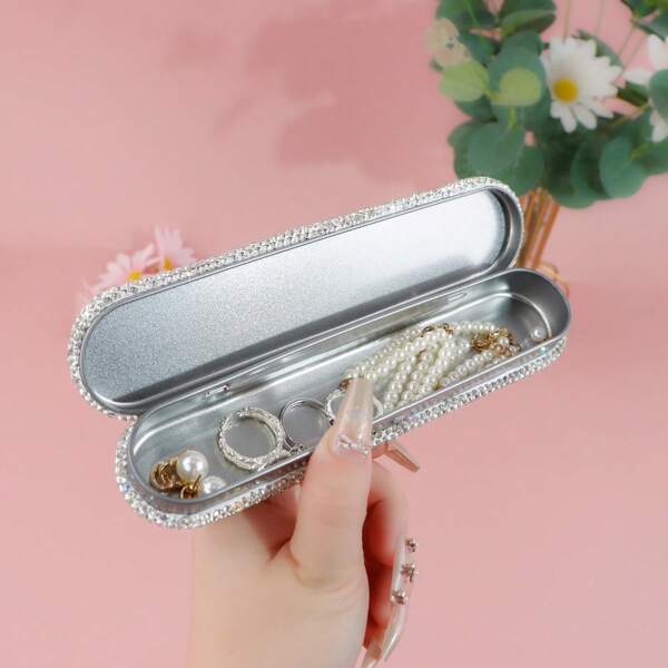 Rhinestone Embellished Metal Pencil Case, Portable Makeup Brush Organizer, Ultra-Thin Pencil Box, Stationery Holder, Gift For Home, Office, School - Silver Color