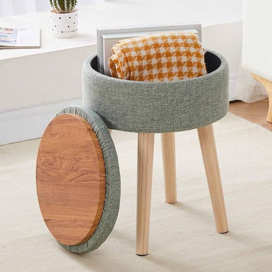 Storage Ottoman Foot Stool Teddy Velvet Round Vanity Stool Tray Top Footstool With Wood Upholstered Foot Rest Ottoman Living Room, Bathroom, Makeup (White) - 綠色 - 查看 1