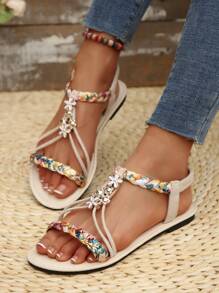Women's Fashion Roman Style Sandals - Floral Button Design, White Base With Colorful Petal Pattern, Round Toe Flat Heel, Suitable For Summer Casual Wear, Comfortable | Decorative Sandals | Rubber Sole Flip-Flops, With Elastic Strap
