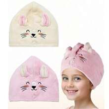 Microfiber Hair Towel For Kids- Soft Super Absorbent Rapid Drying Hair Towel Wrap Turban For Girls With 2 Buttons- Anti-Frizz For Thicker Curly Long Hair, 2 Packs, Kitty
