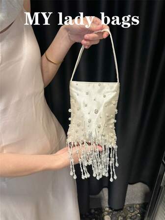 Women's Pearl Shimmer Clutch Bag, Evening Party Wedding Handbag With Tassel & Beaded Decor, Phone Purse