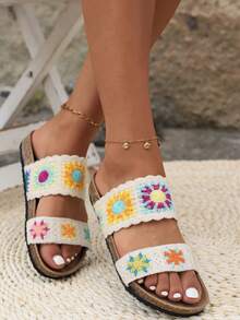 2025 New Colorful Floral Crochet Embroidery Handmade Accessories, Boho Farmhouse Decor Slippers, Travel Beach Sandals, Holiday - Beige - View 6