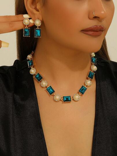 3 مجموعة إكسسوارات مجوهرات من الكريستال الزرقاء والزركون والخرز الصناعي: شامل أقراط وقلادة، مناسبة للمناسبات الرسمية