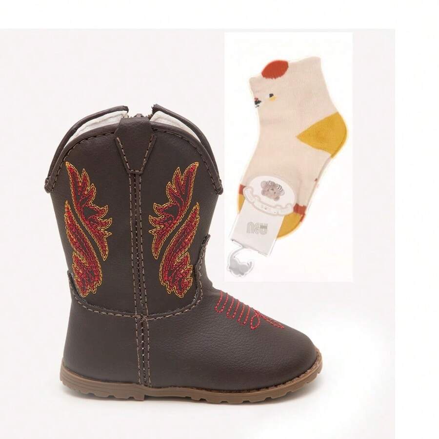 Baby Texan Booties Cheap Soft Comfortable Children's Shoes + 01 Pair Of Cotton Socks Ubuntu Baby Promotion - 紅色 - 查看 1