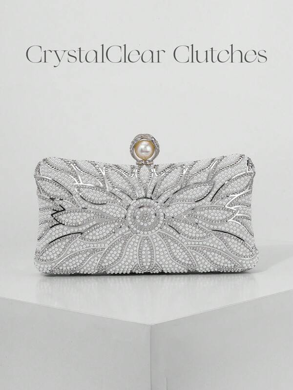 Elegant Faux Pearl Box Clutch Bag, Romantic Wedding Party Purse With Luxury Rhinestone Decor, Formal Event Shoulder Bag For Bride