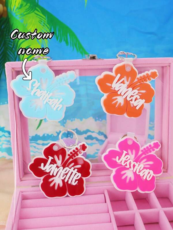 1 PC Personalized Summer Vibes Tropical Hibiscus Flower Beach Name, Custom 3D Keychain, Keyring Backpack, Luggage Tag Gifts, Birthday Party Favor