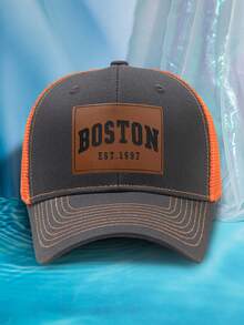 1pc Men's Personalized Leather Label BOSTON Laser Slogan Casual Outdoor Fashion Breathable Adjustable Size Hard Top Baseball Mesh Cap, Suitable For Daily Wear - H - View 6