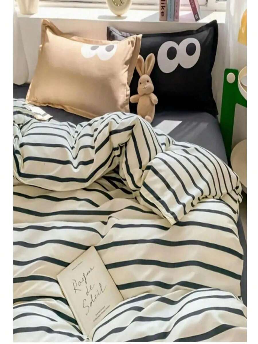 Made In Turkey - Single Size 3 PiecesStriped Cute Duvet Cover Set 1pc Duvet Cover (160x220 Cm) - 1pc Flat Sheet (160x240 Cm) - 1pc Pillowcase (50x70 Cm) - Ultra Breathable - Soft & Absorbent - Dark Grey - View 1