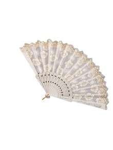 1 件优雅复古中式黑色蕾丝折叠手扇，洛丽塔汉服旗袍摄影道具带流苏