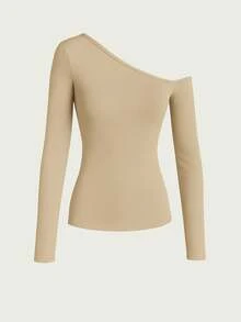 Women's Minimalist Asymmetric Shoulder Long Sleeve Fitted T-Shirt Top, Daily Use, Fall/Winter Festa Junina Festa São João - 米色 - 查看 5