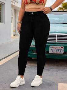 Pantaloni casual semplici e slim con bottoni in vita, adatti per taglie forti, per uso quotidiano