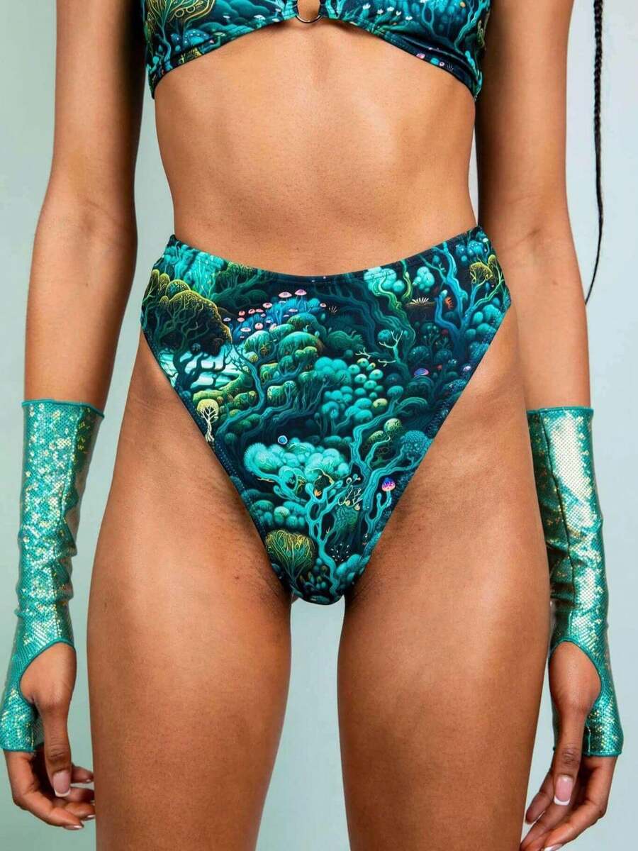 Faewood High Waisted Thong – Forest-Inspired Festival Bottoms - Xanh lá cây/Xanh ngọc - Xem 1