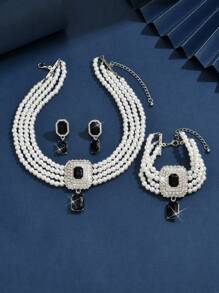 3 PiecesFaux Pearl Happiness Flower Wedding Necklace Earrings Jewelry Set Suitable For Dinner Party Brides Wedding Accessories