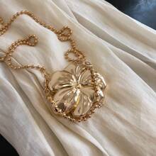 1pc New Mini Metal Makeup Bag, Electroplated Gold Coin Purse, Shiny Avant-Garde Metal Color Handbag, Beaded Chain Crossbody Bag, Flower Asymmetrical Handbag, Jewelry Pouch, Elegant Coin Purse