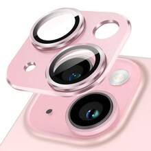 Protector de lente de cámara compatible con iPhone 15 6.1 pulgadas e iPhone 15 Plus 6.7 pulgadas, iPhone 13 con cobertura total de anillo de vidrio templado 9H, placa de metal con acabado mate, accesorio de teléfono móvil para fundas de teléfono, 1 paquete (rosa), regalo para cumpleaños, familia, amigos, aleación metálica con vidrio templado de cobertura completa, protector de lente