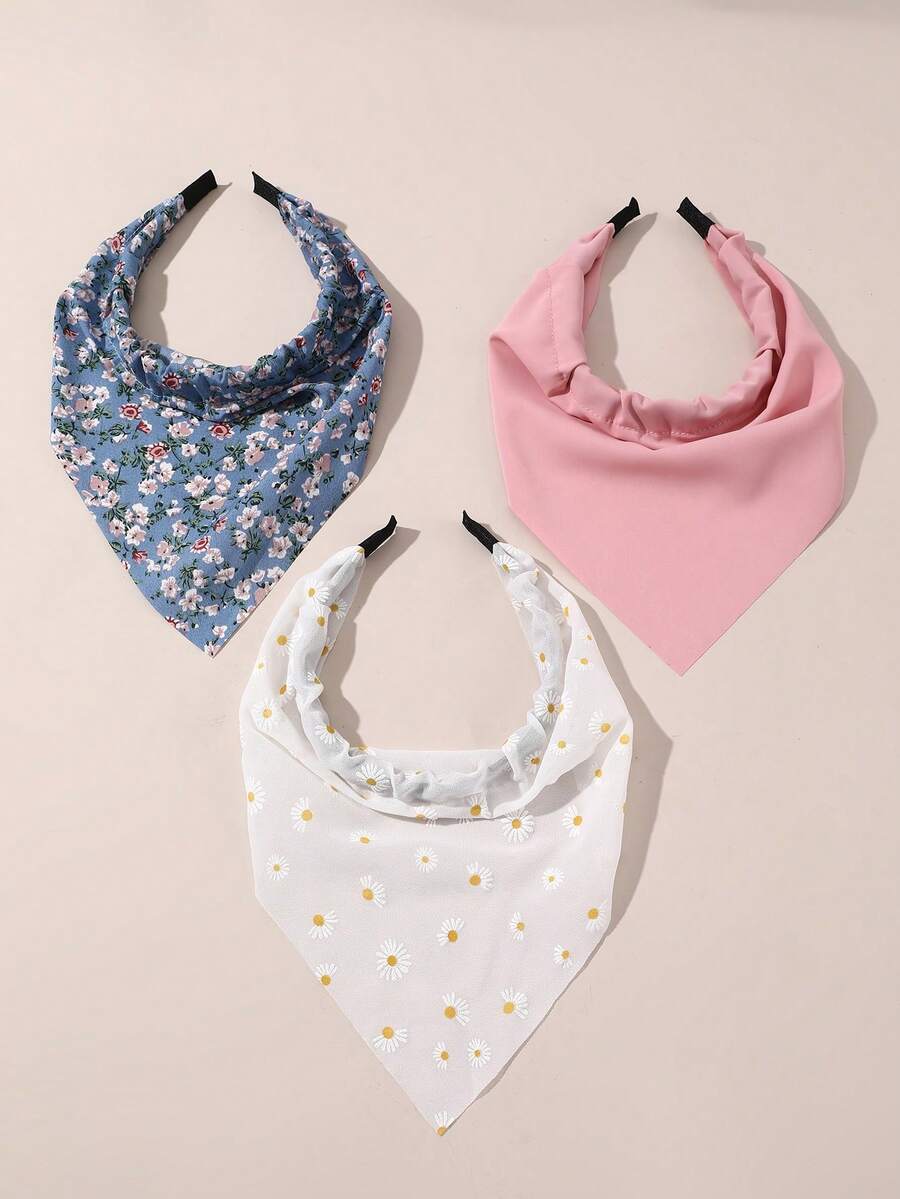 3pcs Flower Print Hair Band Boho,Triangular Scarf Girl Headband. - Multicolor - View 1