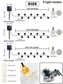 1 pieza 20/50/100 LED 5/7/12M 8 modos luces de hadas solares impermeables, luces blancas de cadena para fiesta festiva, decoración de jardín, decoración de otoño, decoración de casa, decoración al aire libre