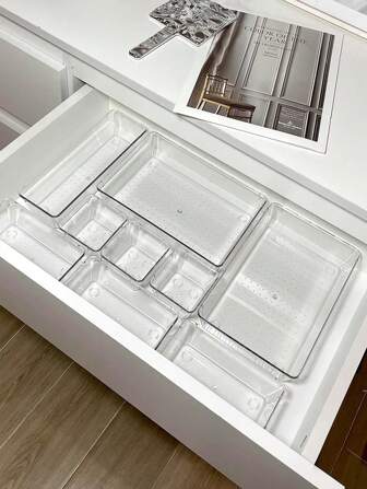 1/4/5/6/7/11/18/25 pièces de boîte de rangement de tiroir transparente, boîte de rangement de cosmétiques, boîte de rangement et de tri de tiroir, boîte de tri de bureau, pratique pour ranger les masques de beauté, rouges à lèvres, parfums, pinceaux de maquillage, ombres à paupières, produits de soins de la peau, ustensiles de cuisine, collations, papeterie éducative, décoration de chambre, décoration de maison, décoration de salle de bain, boîte de rangement et de tri pour meuble à tiroirs