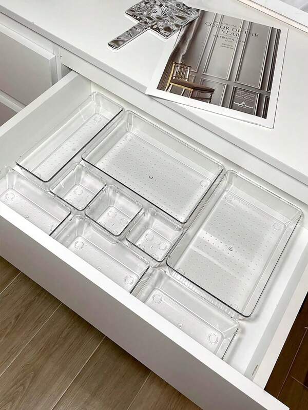 1/4/5/6/7/11/18/25 Pieces Of Transparent Drawer Storage Box, Cosmetics Storage Box, Drawer Compartment Sorting Storage Box, Desktop Sorting Box, Convenient For Storing Facial Mask, Lipstick, Perfume, Makeup Brush, Eye Shadow, Skin Care Products, Kitchen Tools, Snacks, Learning Stationery, Room Decoration, Home Decoration, Bathroom Decoration, Dressing Cabinet Sorting Storage Box