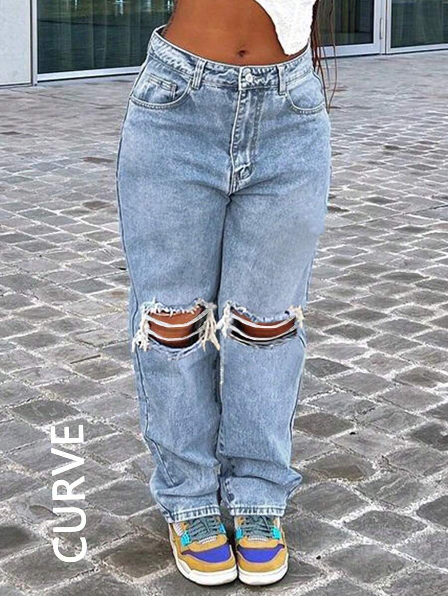 Plus Size Women Y2k Knee Hole Slim Straight Tapered Jeans Mom Denim Pants