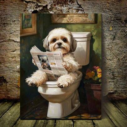 1pc Contemporary Shih Tzu Dog Reading Newspaper Wall Art Poster Living Room Bar Cafe Bedroom Office Home Decorative Canvas Painting Optional Frame ,Wall Art With Frame